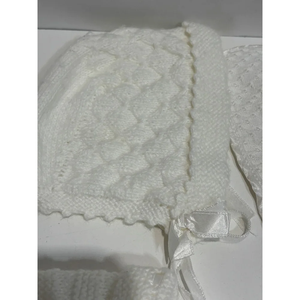 VTG Handmade Knit Baby Set NB White Vintage Style Cardigan Bonnet Booties Bib
